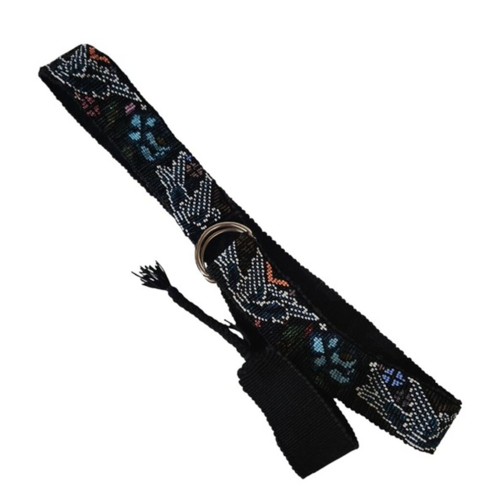 Woven Native American Beaded Belt Black Blue Bird Floral D-Ring‎ Waist Accessory - Picture 4 of 5